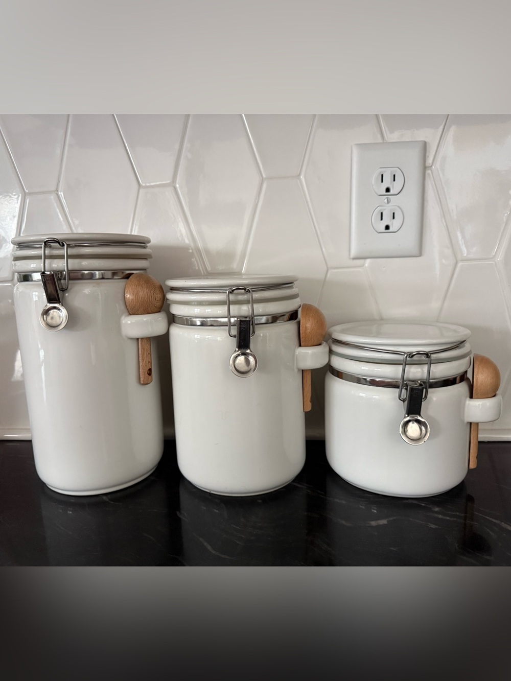 White Ceramic Canister Set (3pc) - Vintage Crate & Barrel “Bee House Japan”